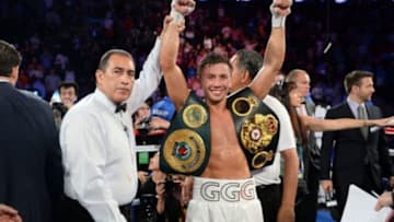 Jul 26, 2014; New York, NY, USA; Gennady Golovkin (white gloves) reacts after knocking out Daniel Geale (black gloves) during their middleweight championship bout at Madison Square Garden. Golovkin won via third round knockout. Mandatory Credit: Joe Camporeale-USA TODAY Sports