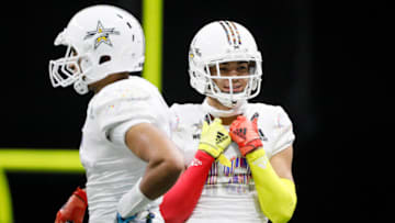 Jan 5, 2019; San Antonio, TX, USA; West wide receiver Puka Nacua (12) looks on during U.S. Army All-American Bowl high school football game at the Alamodome. Mandatory Credit: Soobum Im-USA TODAY Sports