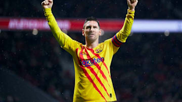 MADRID, SPAIN - DECEMBER 01: Lionel Messi of Barcelona celebrates after scoring his team's first goal during the Liga match between Club Atletico de Madrid and FC Barcelona at Wanda Metropolitano on December 01, 2019 in Madrid, Spain. (Photo by Quality Sport Images/Getty Images)