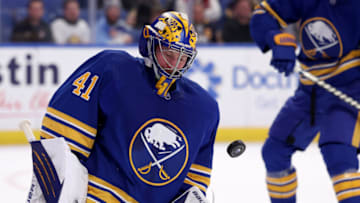 Mar 7, 2022; Buffalo, New York, USA; Buffalo Sabres goaltender Craig Anderson (41) makes a save during the third period against the Florida Panthers at KeyBank Center. Mandatory Credit: Timothy T. Ludwig-USA TODAY Sports