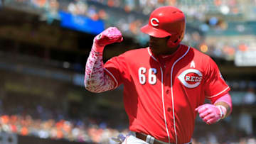 SAN FRANCISCO, CALIFORNIA - MAY 12: Yasiel Puig #66 of the Cincinnati Reds celebrates a home run during the sixth inning against the San Francisco Giants at Oracle Park on May 12, 2019 in San Francisco, California. (Photo by Daniel Shirey/Getty Images)