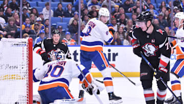 Oct 21, 2023; Buffalo, New York, USA; Buffalo Sabres left wing Jeff Skinner (53) scores a goal against New York Islanders goaltender Semyon Varlamov (40) in the second period at KeyBank Center. Mandatory Credit: Mark Konezny-USA TODAY Sports