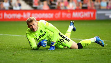 LUTON, ENGLAND - OCTOBER 17: Adam Davies of Stoke City during the Sky Bet Championship match between Luton Town and Stoke City at Kenilworth Road on October 17, 2020 in Luton, England. Sporting stadiums around the UK remain under strict restrictions due to the Coronavirus Pandemic as Government social distancing laws prohibit fans inside venues resulting in games being played behind closed doors. (Photo by Marc Atkins/Getty Images)