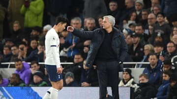 LONDON, ENGLAND - DECEMBER 22: Heung-Min Son of Tottenham Hotspur walks past Jose Mourinho, Manager of Tottenham Hotspur after being shown a red card during the Premier League match between Tottenham Hotspur and Chelsea FC at Tottenham Hotspur Stadium on December 22, 2019 in London, United Kingdom. (Photo by Michael Regan/Getty Images)