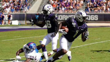 FORT WORTH, TEXAS - SEPTEMBER 28: Wide receiver Jalen Reagor #1 of the TCU Horned Frogs at Amon G. Carter Stadium on September 28, 2019 in Fort Worth, Texas. (Photo by Richard Rodriguez/Getty Images)