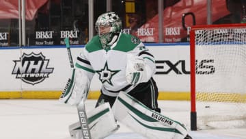 SUNRISE, FL - FEBRUARY 22: Goaltender Anton Khudobin #35 of the Dallas Stars warms up prior to the game against the Florida Panthers at the BB&T Center on February 22, 2021 in Sunrise, Florida. (Photo by Joel Auerbach/Getty Images)