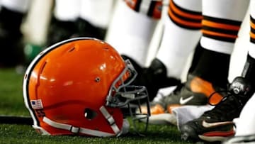 Dec 8, 2013; Foxborough, MA, USA; A Cleveland Browns helmet sits on the sidelines during the fourth quarter of New England