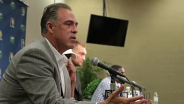 INDIANAPOLIS, IN - JULY 07: President of basketball operations, Kevin Pritchard and Head Coach, Nate McMillan of the Indiana Pacers introduce Victor Oladipo, Domantas Sabonis and Darren Collison during a press conference at Bankers Life Fieldhouse on July 7, 2017 in Indianapolis, Indiana. NOTE TO USER: User expressly acknowledges and agrees that, by downloading and or using this Photograph, user is consenting to the terms and condition of the Getty Images License Agreement. Mandatory Copyright Notice: 2017 NBAE (Photo by Ron Hoskins/NBAE via Getty Images)