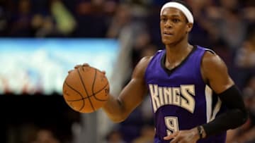 Oct 7, 2015; Phoenix, AZ, USA; Sacramento Kings guard Rajon Rondo (9) dribbles the basketball up the court in the second half against the Phoenix Suns at Talking Stick Resort Arena. The Suns defeat the Kings 102-98. Mandatory Credit: Jennifer Stewart-USA TODAY Sports