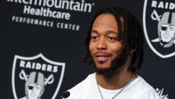 HENDERSON, NEVADA - MARCH 16: Wide receiver Jakobi Meyers is introduced at the Las Vegas Raiders Headquarters/Intermountain Healthcare Performance Center on March 16, 2023 in Henderson, Nevada. (Photo by Ethan Miller/Getty Images)