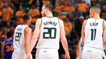 SALT LAKE CITY, UT - MAY 8: Gordon Hayward #20 and Dante Exum #11 of the Utah Jazz are seen during the game against the Golden State Warriors in Game Four of the Western Conference Semifinals of the 2017 NBA Playoffs on May 8, 2017 at Vivint SmartHome Arena in Salt Lake City, Utah. Copyright 2017 NBAE (Photo by Melissa Majchrzak/NBAE via Getty Images)