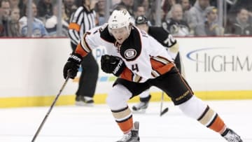 Feb 8, 2016; Pittsburgh, PA, USA; Anaheim Ducks defenseman Cam Fowler (4) skates with the puck against the Pittsburgh Penguins during the first period at the CONSOL Energy Center. Mandatory Credit: Charles LeClaire-USA TODAY Sports