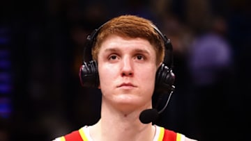 Jan 5, 2022; Sacramento, California, USA; Atlanta Hawks guard Kevin Huerter (3) speaks to the media after a win against the Sacramento Kings at Golden 1 Center. Mandatory Credit: Kelley L Cox-USA TODAY Sports
