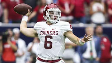 Sep 3, 2016; Houston, TX, USA; Oklahoma Sooners quarterback Baker Mayfield (6) attempts a pass during the first quarter against the Houston Cougars at NRG Stadium. Mandatory Credit: Troy Taormina-USA TODAY Sports