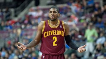 Feb 12, 2014; Auburn Hills, MI, USA; Cleveland Cavaliers point guard Kyrie Irving (2) reacts during the second quarter against the Detroit Pistons at The Palace of Auburn Hills. Mandatory Credit: Tim Fuller-USA TODAY Sports