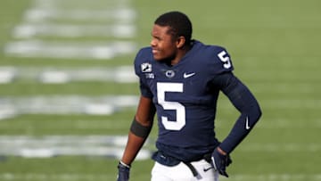 Dec 12, 2020; University Park, Pennsylvania, USA; Penn State Nittany Lions wide receiver Jahan Dotson (5) walks on the field prior to the game against the Michigan State Spartans at Beaver Stadium. Mandatory Credit: Matthew OHaren-USA TODAY Sports