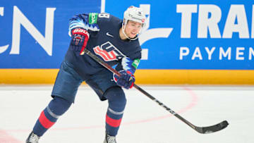 RIGA, LATVIA - MAY 25: Jack Drury #18 of the United States in action during the 2021 IIHF Ice Hockey World Championship group stage game between United States and Kazakhstan at Arena Riga on May 25, 2021 in Riga, Latvia. (Photo by EyesWideOpen/Getty Images)