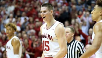 BLOOMINGTON, IN - DECEMBER 08: Zach McRoberts #15 of the Indiana Hoosiers celebrates in the game against the Louisville Cardinals at Assembly Hall on December 8, 2018 in Bloomington, Indiana. (Photo by Andy Lyons/Getty Images)
