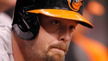 May 8, 2014; St. Petersburg, FL, USA; Baltimore Orioles catcher Matt Wieters (32) on deck to bat against the Tampa Bay Rays at Tropicana Field. Mandatory Credit: Kim Klement-USA TODAY Sports