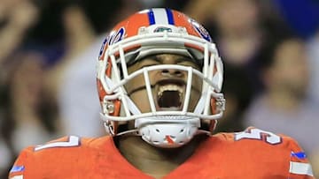 GAINESVILLE, FL - SEPTEMBER 12: Caleb Brantley #57 of the Florida Gators celebrates a defensive stop during the game against the East Carolina Pirates at Ben Hill Griffin Stadium on September 12, 2015 in Gainesville, Florida. (Photo by Sam Greenwood/Getty Images)