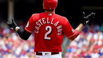 Cincinnati Reds right fielder Nick Castellanos (2) claps after hitting a single during the first inning of a baseball game against the Chicago Cubs, Sunday, July 4, 2021, at Great American Ball Park in Cincinnati.Chicago Cubs At Cincinnati Reds July 4