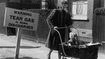 Londoners undergo a gas exercise for civilians, using tear gas, in 1941.