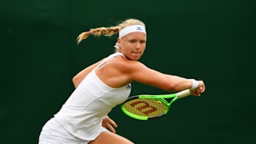 LONDON, ENGLAND - JULY 04: Kiki Bertens of The Netherlands plays a backhand during the Ladies Singles first round match against Sorana Cirstea of Romania on day two of the Wimbledon Lawn Tennis Championships at the All England Lawn Tennis and Croquet Club on July 4, 2017 in London, England. (Photo by Shaun Botterill/Getty Images)