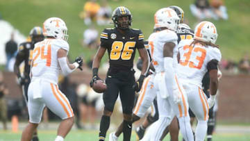 Missouri wide receiver Tauskie Dove (86) celebrates a play during an NCAA football game between Tennessee and Missouri on Faurot Field at Memorial Stadium in Columbia, Mo., on Saturday, Oct. 2 , 2021.Utmizzou 1002 1046