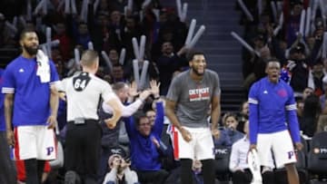 Jan 4, 2016; Auburn Hills, MI, USA; Detroit Pistons guard Reggie Jackson (right) and center Andre Drummond (middle) celebrate from the bench during the fourth quarter against the Orlando Magic at The Palace of Auburn Hills. Pistons win 115-89. Mandatory Credit: Raj Mehta-USA TODAY Sports