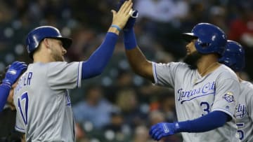 DETROIT, MI - SEPTEMBER 20: Jorge Bonifacio #38 of the Kansas City Royals celebrates with Hunter Dozier #17 of the Kansas City Royals after hitting a three-run home run against the Detroit Tigers during the first inning at Comerica Park on September 20, 2018 in Detroit, Michigan. (Photo by Duane Burleson/Getty Images)