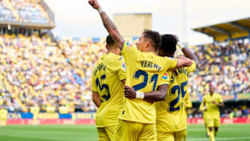 VILLARREAL, SPAIN - FEBRUARY 27: Yeremi Pino of Villarreal CF celebrates after scoring fourth goal with Serge Aurier of Villarreal CF during the LaLiga Santander match between Villarreal CF and RCD Espanyol at Estadio de la Ceramica on February 27, 2022 in Villarreal, Spain. (Photo by Aitor Alcalde Colomer/Getty Images)
