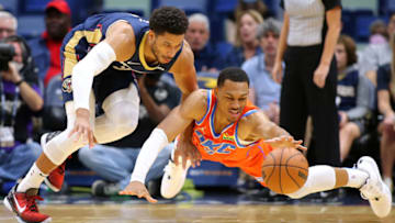 Josh Hart #3 of the New Orleans Pelicans and Darius Bazley #7 of the OKC Thunder (Photo by Jonathan Bachman/Getty Images)