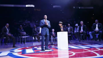 Mar 28, 2014; Auburn Hills, MI, USA; Former Detroit Pistons player Isiah Thomas addresses the crowd during a half-time celebration for the 1989 NBA championship team at The Palace of Auburn Hills. Mandatory Credit: Rick Osentoski-USA TODAY Sports