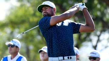 LA QUINTA, CALIFORNIA - JANUARY 24: Tony Finau plays his shot from the sixth tee during the final round of The American Express tournament on the Stadium course at PGA West on January 24, 2021 in La Quinta, California. (Photo by Harry How/Getty Images)