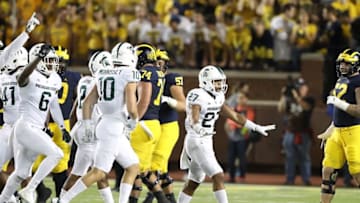 ANN ARBOR, MI - OCTOBER 07: Khari Willis #27 of the Michigan State Spartans celebrates a first quarter turn over by the Michigan Wolverines at Michigan Stadium on October 7, 2017 in Ann Arbor, Michigan. Michigan State defeated Michigan 14-10.(Photo by Leon Halip/Getty Images)
