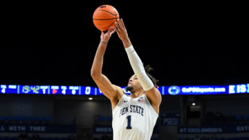 Nov 10, 2021; University Park, Pennsylvania, USA; Penn State Nittany Lions forward Seth Lundy (1) shoots the ball against the Youngstown State Penguins during the first half at the Bryce Jordan Center. Mandatory Credit: Rich Barnes-USA TODAY Sports
