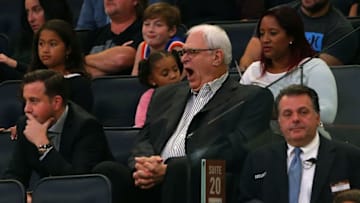 Oct 16, 2015; New York, NY, USA; New York Knicks general manager Phil Jackson yawns watching the Knicks play the Boston Celtics during second half at Madison Square Garden. Mandatory Credit: Noah K. Murray-USA TODAY Sports