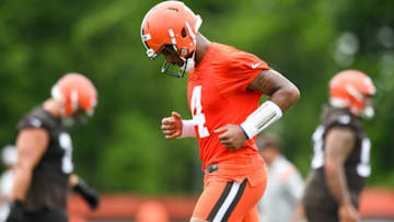 BEREA, OH - JUNE 14: Deshaun Watson #4 of the Cleveland Browns runs a drill during the Cleveland Browns mandatory minicamp at CrossCountry Mortgage Campus on June 14, 2022 in Berea, Ohio. (Photo by Nick Cammett/Getty Images)
