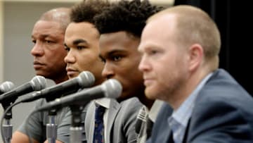 PLAYA VISTA, CA - JUNE 25: Head Coach Doc Rivers Raft Picks Jerome Robinson and Shai Gilgeous-Alexander along with Lawrence Frank look on during the Draft Press Conference at the Clippers Training Facility in Playa Vista, California on June 25, 2018 at Clippers Training Facility. NOTE TO USER: User expressly acknowledges and agrees that, by downloading and or using this photograph, User is consenting to the terms and conditions of the Getty Images License Agreement. Mandatory Copyright Notice: Copyright 2018 NBAE (Photo by Andrew D. Bernstein/NBAE via Getty Images)