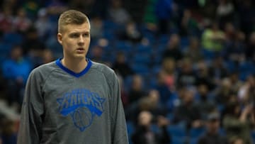 Feb 20, 2016; Minneapolis, MN, USA; New York Knicks forward Kristaps Porzingis (6) against the Minnesota Timberwolves at Target Center. The Knicks defeated the Timberwolves 103-95. Mandatory Credit: Brace Hemmelgarn-USA TODAY Sports
