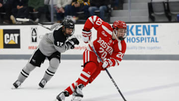 PROVIDENCE, RI - MARCH 4: Lane Hutson #20 of the Boston University Terriers skates against the Providence College Friars during an NCAA hockey game at the Schneider Arena on March 4, 2023 in Providence, Rhode Island. The Terriers won 2-0. (Photo by Richard T Gagnon/Getty Images)