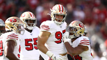 SANTA CLARA, CALIFORNIA - OCTOBER 27: Nick Bosa #97 of the San Francisco 49ers celebrates after sacking Kyle Allen #7 of the Carolina Panthers (not pictured) during the first quarter at Levi's Stadium on October 27, 2019 in Santa Clara, California. (Photo by Ezra Shaw/Getty Images)