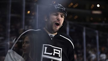 Apr 16, 2016; Los Angeles, CA, USA; Los Angeles Kings left wing Milan Lucic (17) reacts against the San Jose Sharks during the second period in game two of the first round of the 2016 Stanley Cup Playoffs at Staples Center. Mandatory Credit: Kelvin Kuo-USA TODAY Sports