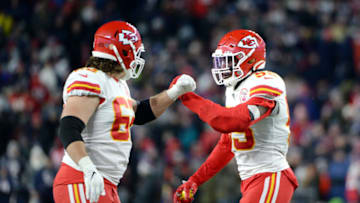 Austin Reiter #62 celebrates with Frank Clark #55 of the Kansas City Chiefs (Photo by Kathryn Riley/Getty Images)