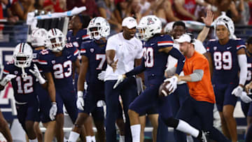 Sep 10, 2022; Tucson, Arizona, USA; Arizona Wildcats cornerback Treydan Stukes (20) celebrates after a play during the first half against the Mississippi State Bulldogs at Arizona Stadium. Mandatory Credit: Mark J. Rebilas-USA TODAY Sports