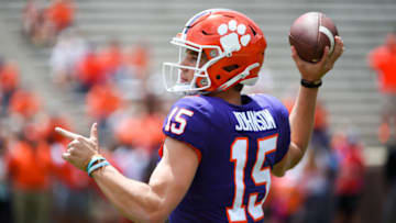 Apr 14, 2018; Clemson, SC, USA; Clemson Tigers quarterback Hunter Johnson (15) prior to the Spring Game at Memorial Stadium. Mandatory Credit: Adam Hagy-USA TODAY Sports