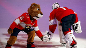 SUNRISE, FL - OCTOBER 12: Florida Panthers Mascot Stanley C. Panther celebrates their win with Goaltender Roberto Luongo #1 against the St. Louis Blues at the BB&T Center on October 12, 2017 in Sunrise, Florida. (Photo by Eliot J. Schechter/NHLI via Getty Images)