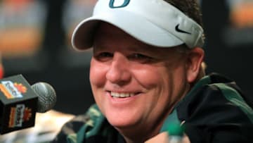 GLENDALE, AZ - JANUARY 03: Head coach Chip Kelly of the Oregon Ducks participates in a post-game press conference after they defeated the Kansas State Wildcats 35 to 17 in the Tostitos Fiesta Bowl at University of Phoenix Stadium on January 3, 2013 in Glendale, Arizona. (Photo by Doug Pensinger/Getty Images)