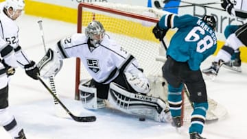 Mar 28, 2016; San Jose, CA, USA; San Jose Sharks right wing Melker Karlsson (68) shoots and scores against Los Angeles Kings goalie Jonathan Quick (32) in the third period at SAP Center at San Jose. The Sharks won 5-2. Mandatory Credit: John Hefti-USA TODAY Sports
