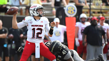 Auburn footballSep 28, 2019; Nashville, TN, USA; Northern Illinois Huskies quarterback Ross Bowers (12) is hit by Vanderbilt Commodores linebacker Elijah McAllister (41) as he attempts a pass during the first half at Vanderbilt Stadium. Mandatory Credit: Christopher Hanewinckel-USA TODAY Sports